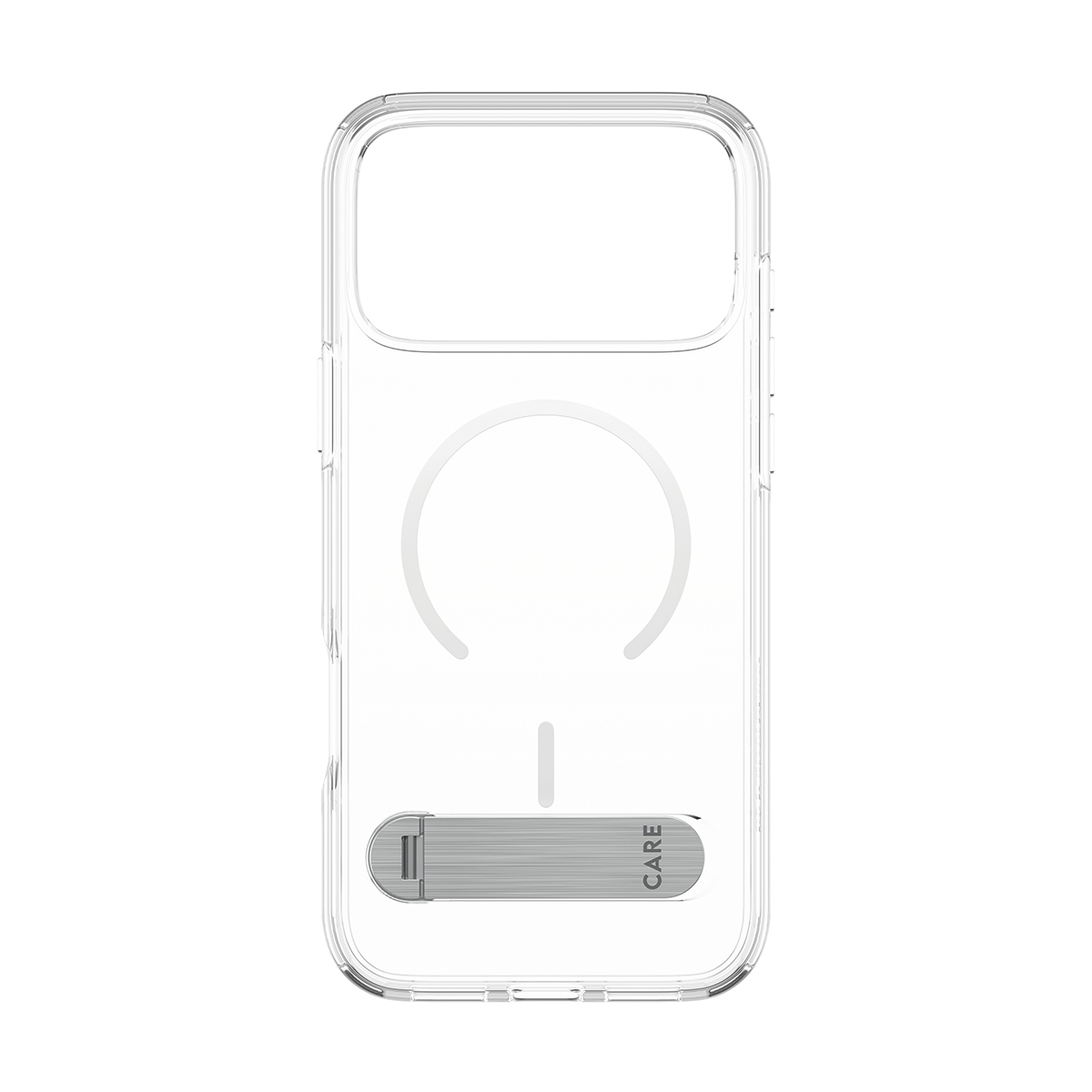 Beyaz arka planda manyetik halkalı ve altta gümüş renkli standı olan şeffaf telefon kılıfı.