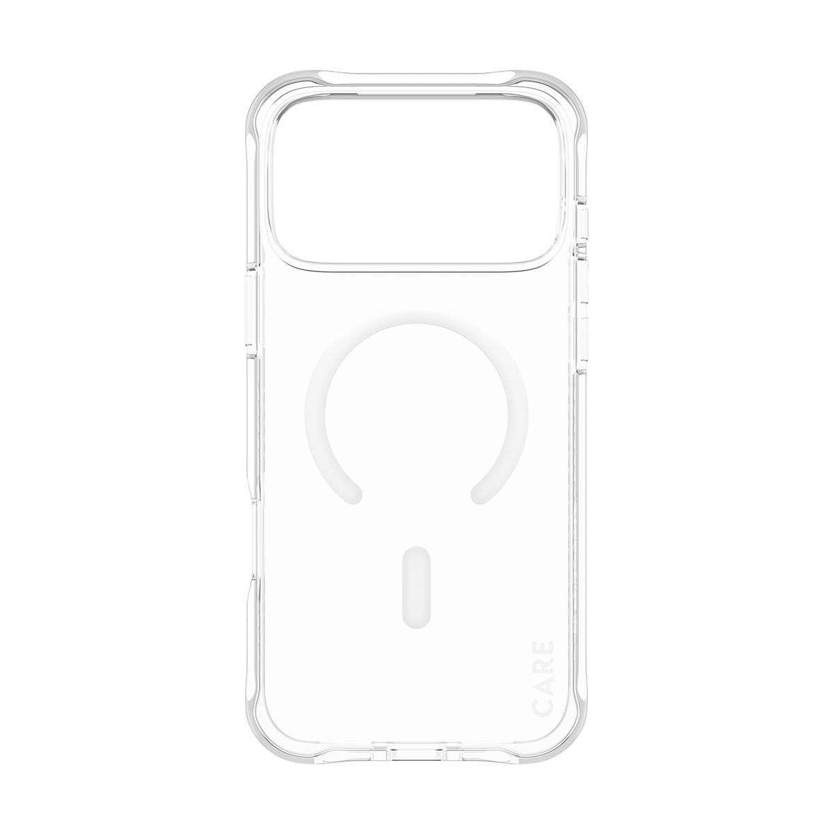 Beyaz arka planda MagSafe halkalı ve kamera kesikli şeffaf telefon kılıfı.