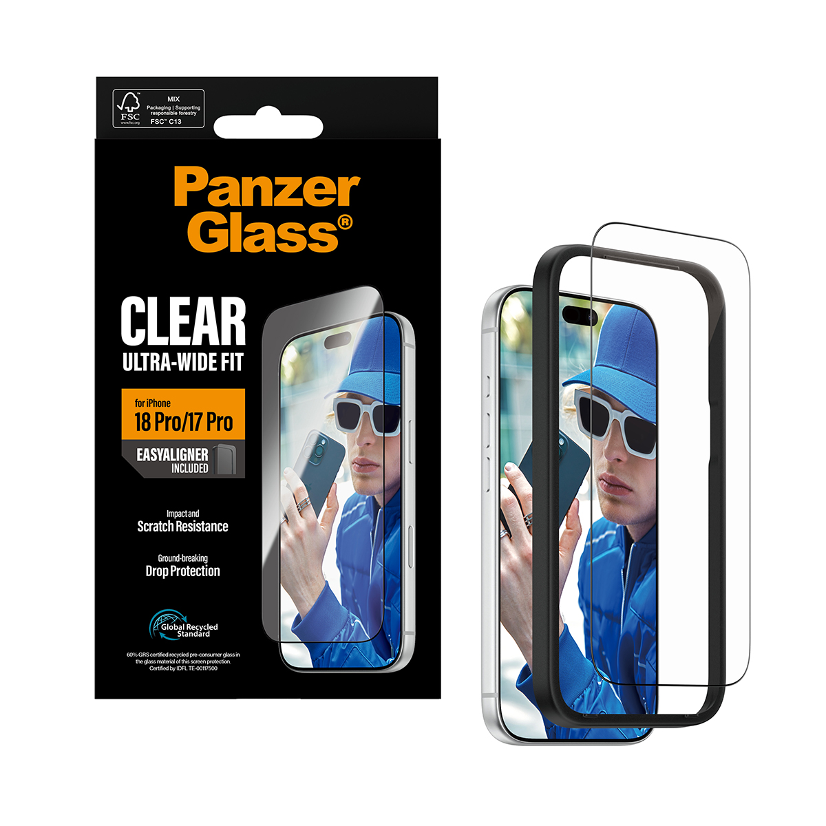 PanzerGlass ekran koruyucu kutusu ve içeriği, sağda bir iPhone ve montaj çerçevesi.