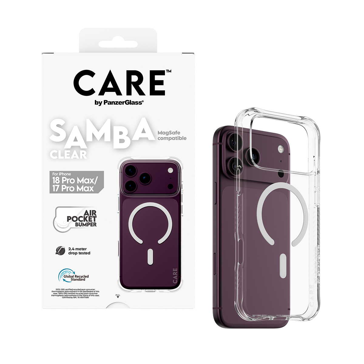 Ambalajında iPhone için CARE by PanzerGlass Samba Şeffaf telefon kılıfı.