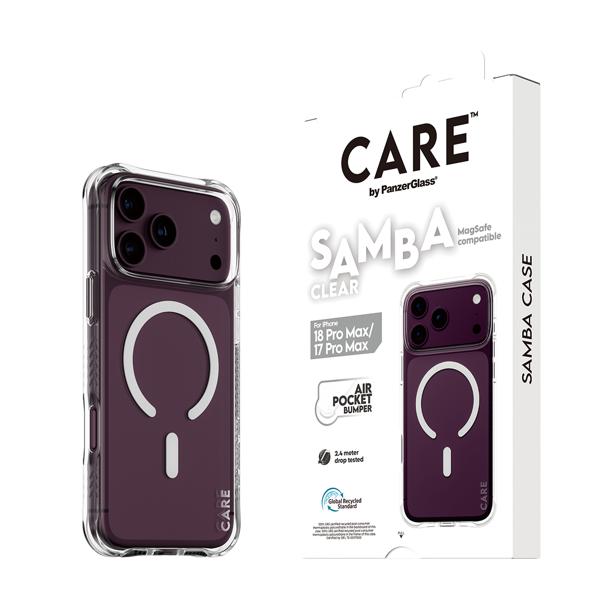 PanzerGlass marka iPhone için MagSafe uyumlu şeffaf Samba kılıf kutusuyla birlikte.