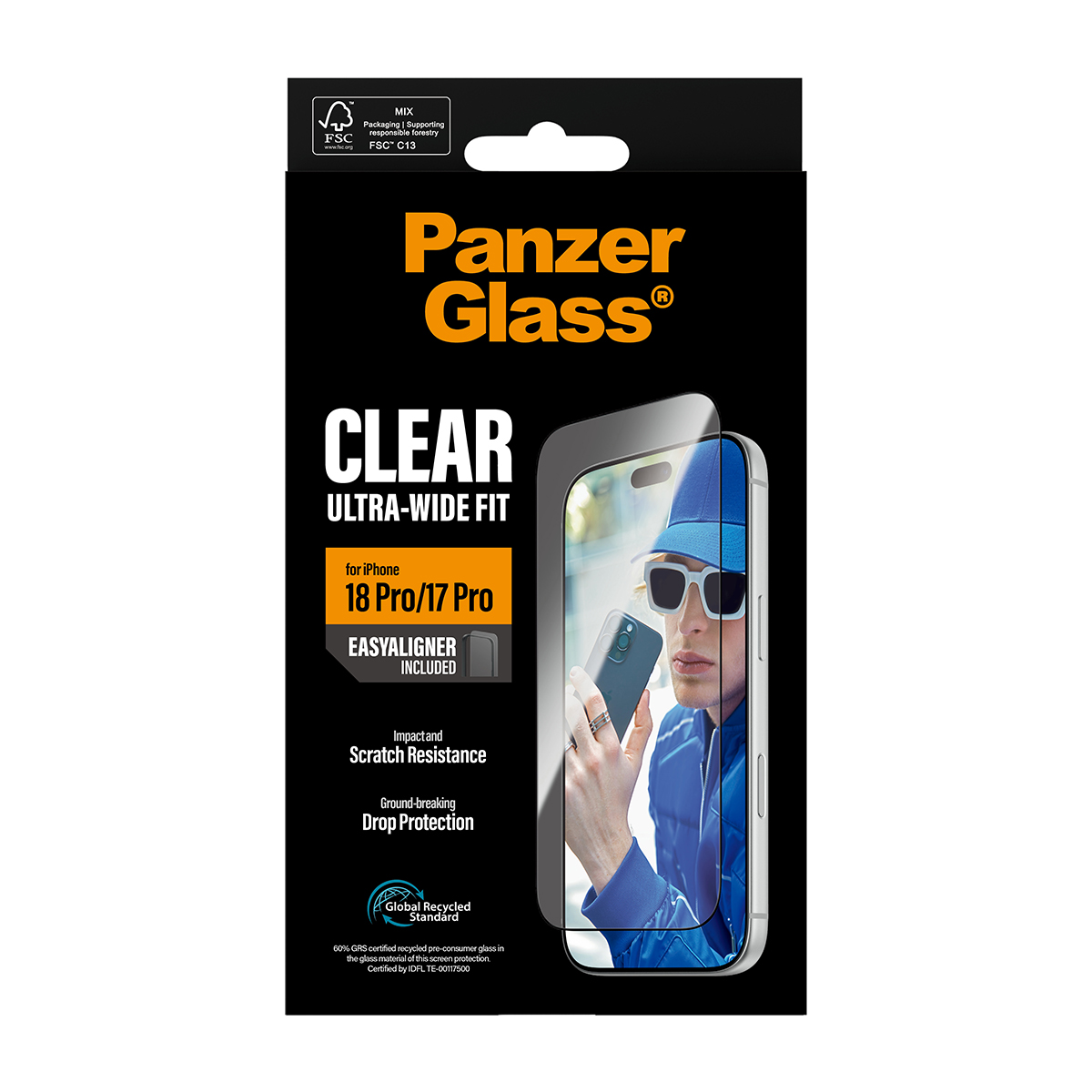 Siyah arka plan ve markalama ile iPhone 18 Pro/17 Pro için PanzerGlass ekran koruyucu kutusu.