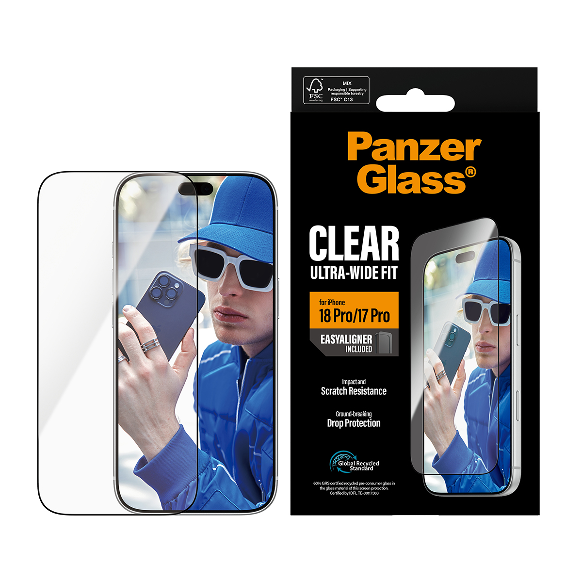 iPhone 18 Pro/17 Pro için PanzerGlass ekran koruyucu, ambalajı ve camıyla.
