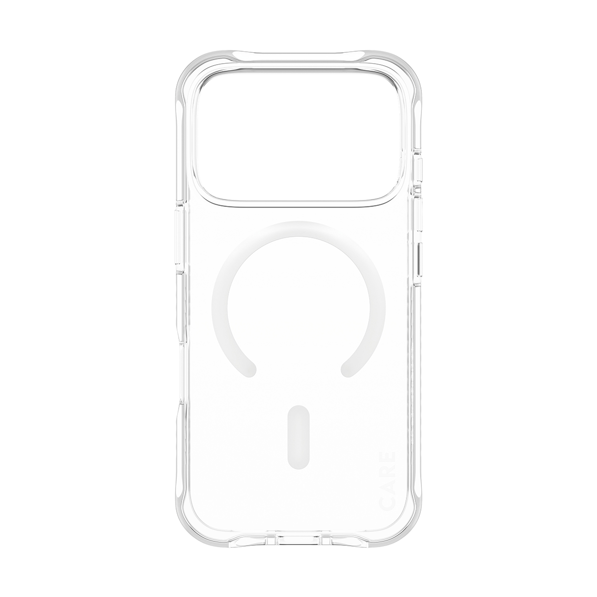 Beyaz arka plan üzerinde entegre MagSafe halkası ve kamera kesimi bulunan şeffaf telefon kılıfı.