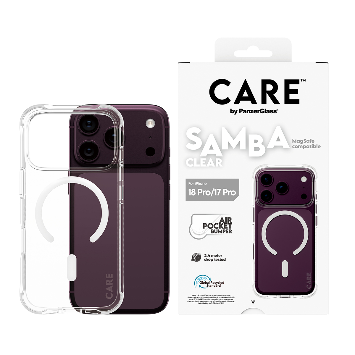 Şeffaf koruyucu kılıflı mor akıllı telefon ve CARE Samba Clear ürün ambalajı.