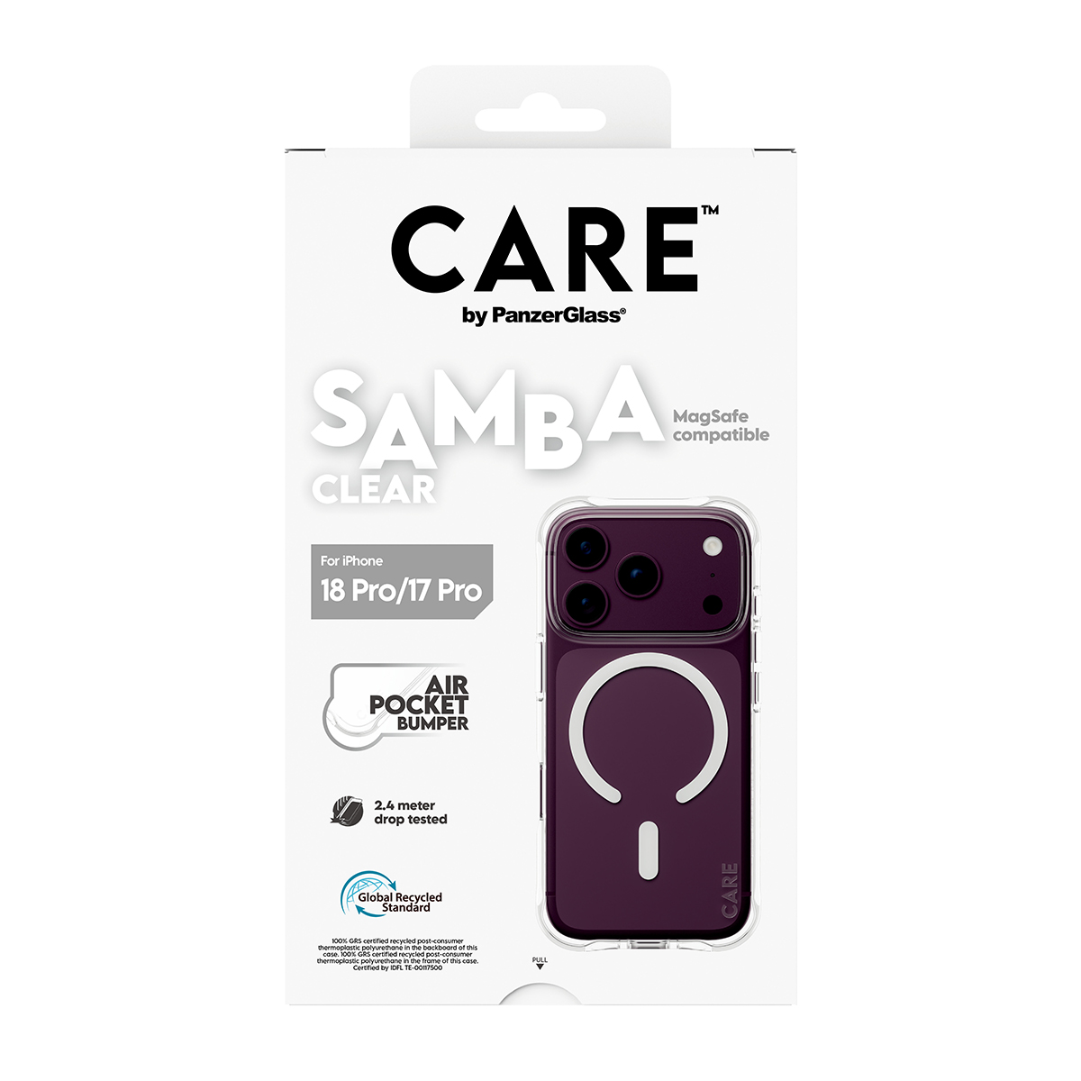 Ön tarafında mor bir kılıf bulunan CARE by PanzerGlass Samba Clear telefon kılıfı ambalajı.