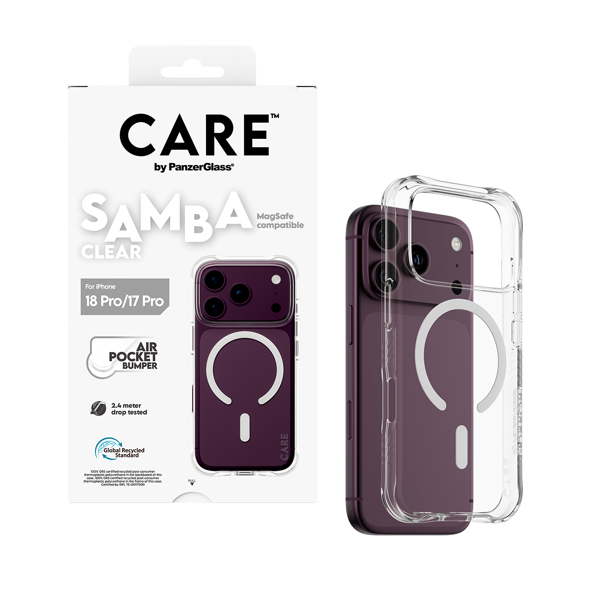 Ambalajında şeffaf koruma ve MagSafe özellikli iPhone için Care by PanzerGlass Samba Clear telefon kılıfı.
