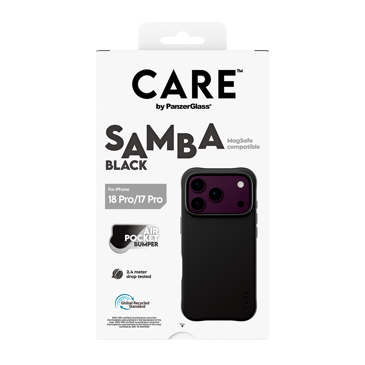 iPhone 18 Pro/17 Pro için Care by PanzerGlass Samba Black telefon kılıfı beyaz ambalajı.