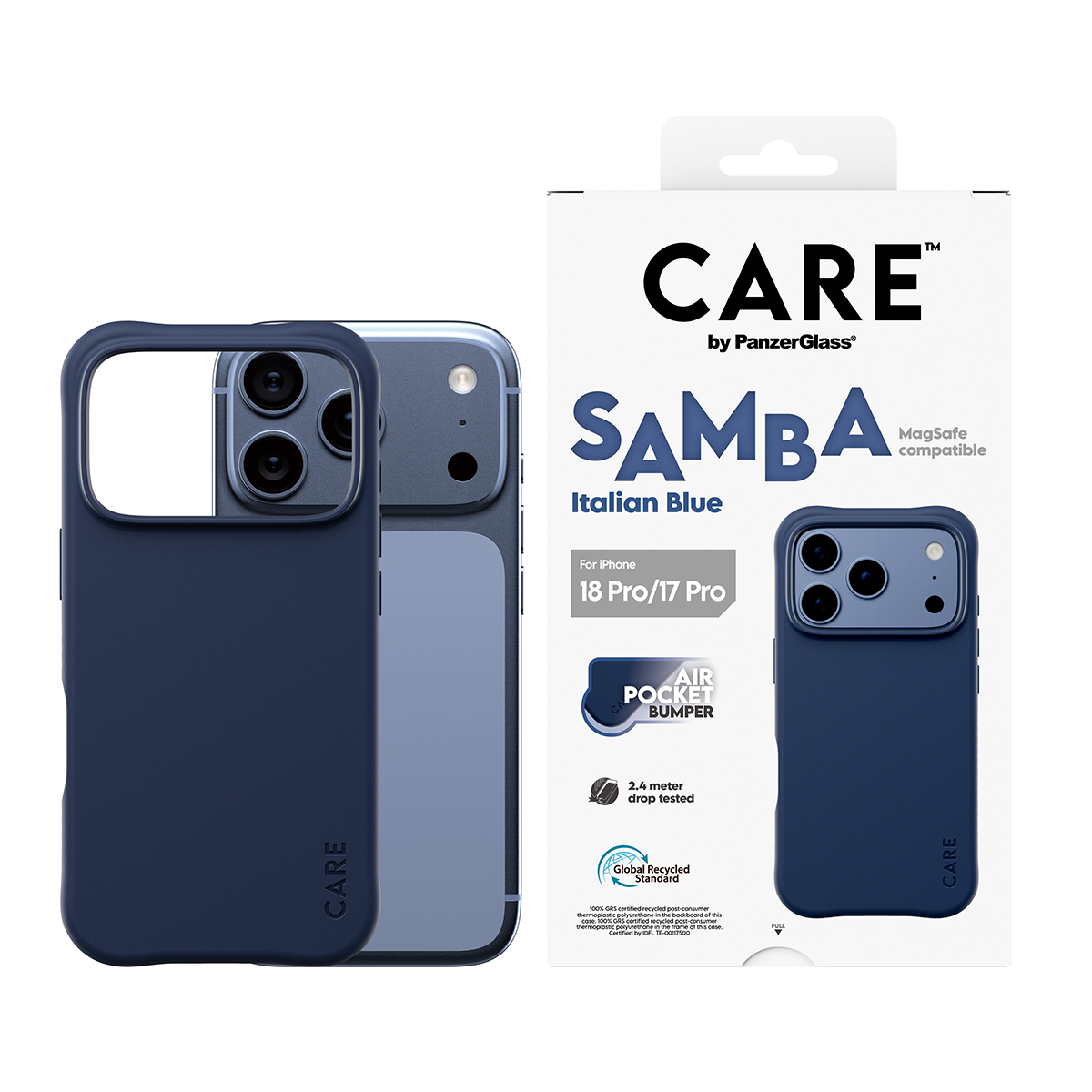 iPhone için mavi PanzerGlass Samba kılıf, solda ürün ve sağda ambalaj.