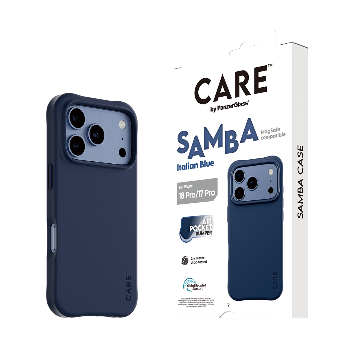 Ambalajıyla birlikte koyu mavi CARE Samba koruyucu telefon kılıfı.