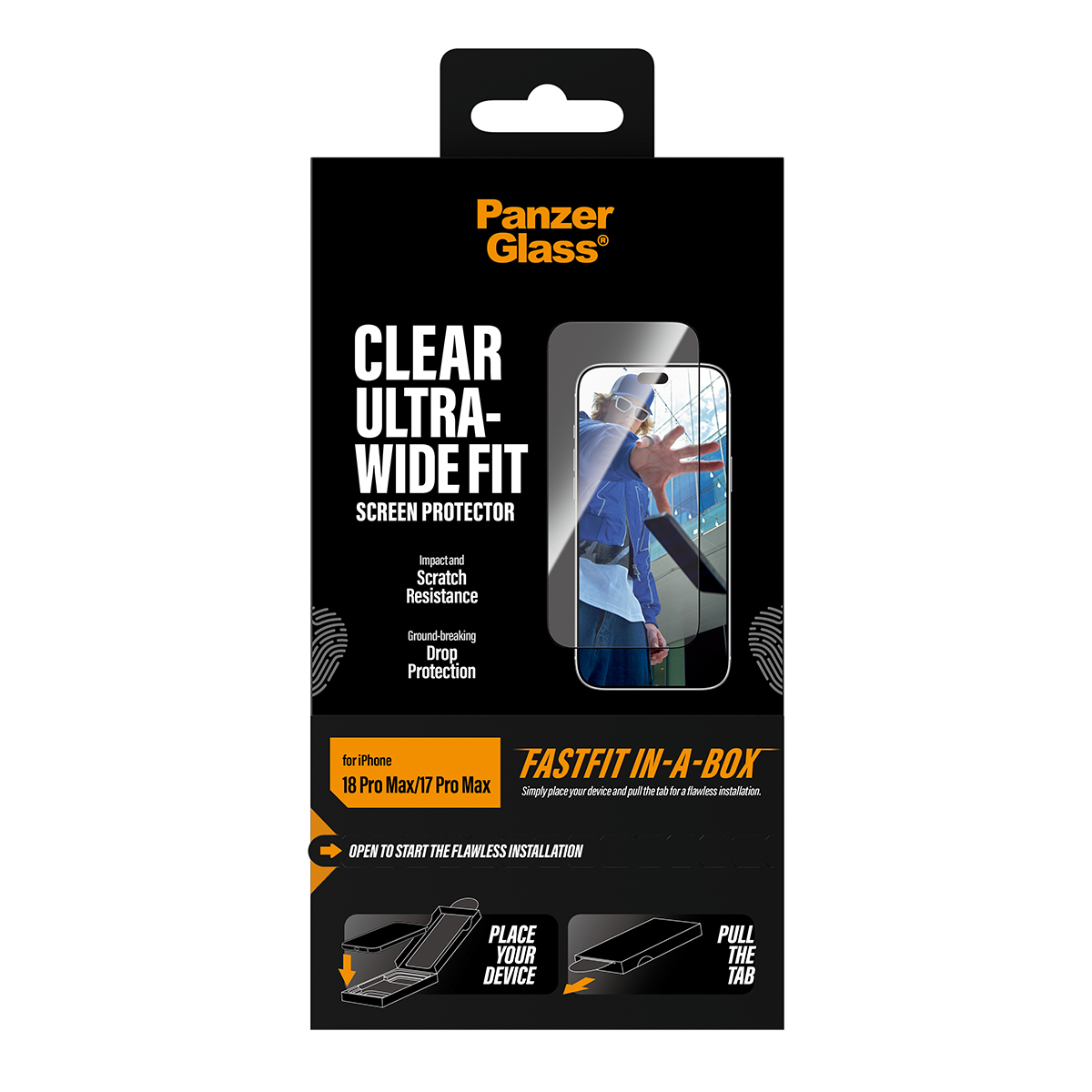 Confezione nera di una pellicola protettiva PanzerGlass Ultra-Wide Fit per iPhone 18/17 Pro Max.