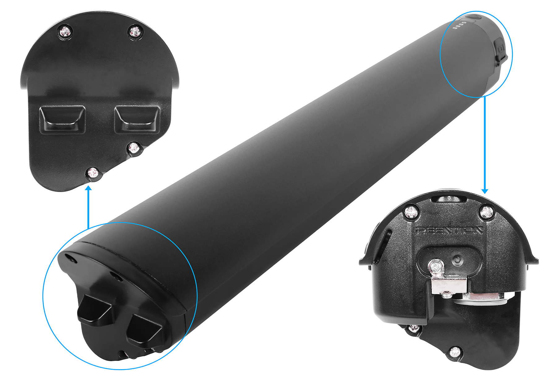 Ein zylindrischer schwarzer E-Bike-Akku mit Nahaufnahmen der Endkappen und Anschlüsse auf weißem Hintergrund.