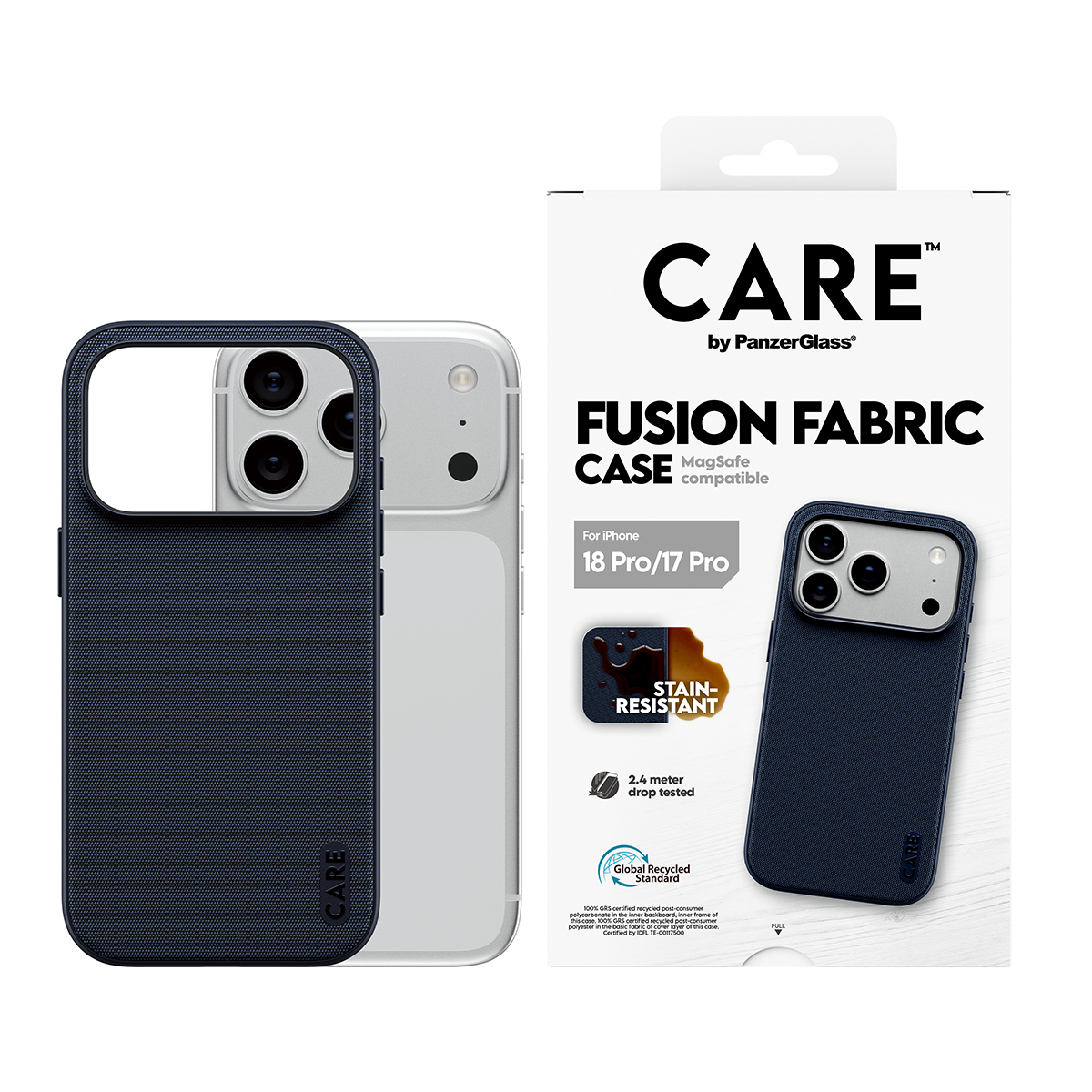 iPhone 18 Pro/17 Pro için PanzerGlass marka koyu mavi CARE Fusion Fabric telefon kılıfı ve ambalajı.