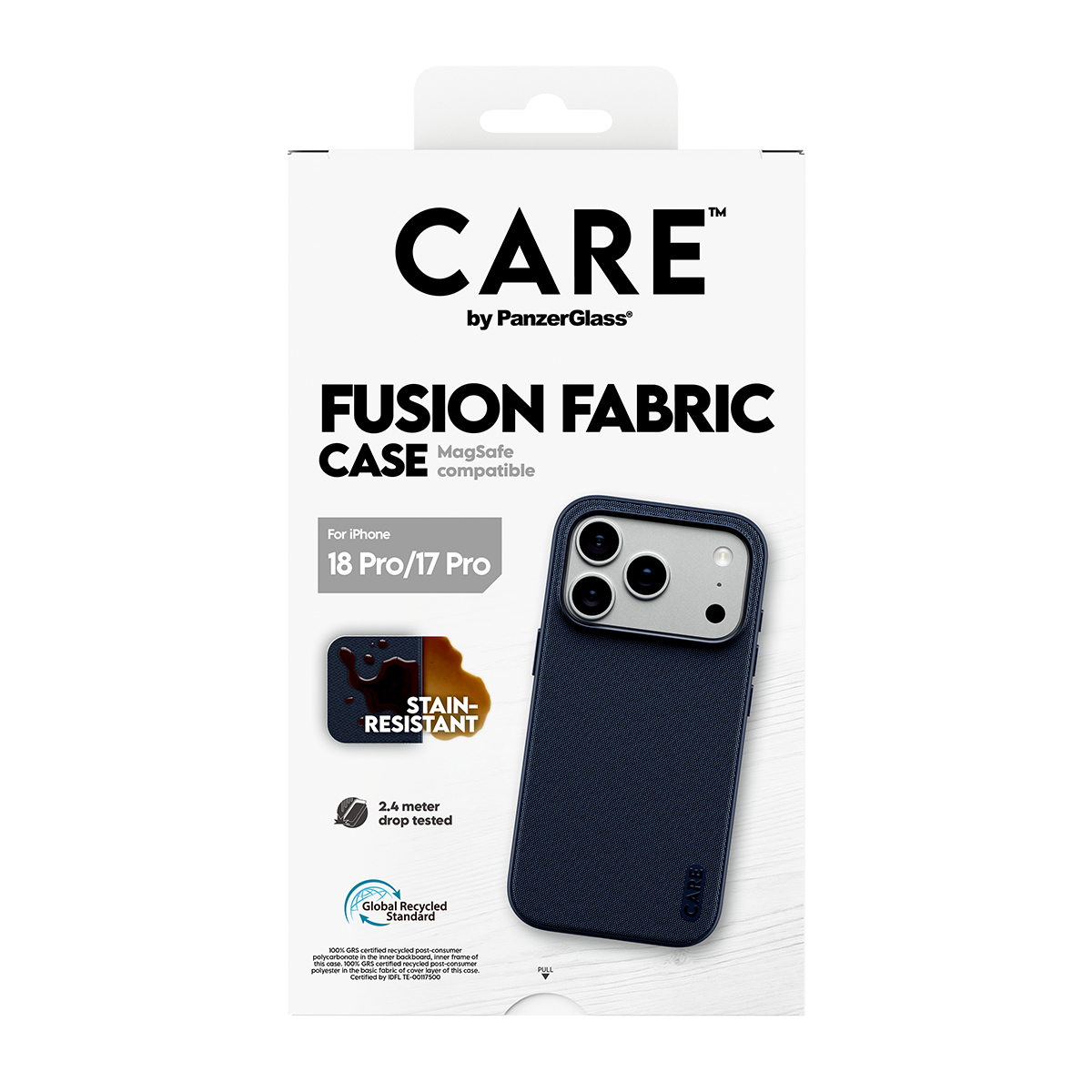 Leke tutmaz etiketli mavi kılıflı iPhone için CARE by PanzerGlass Fusion Fabric Kılıf ambalajı.