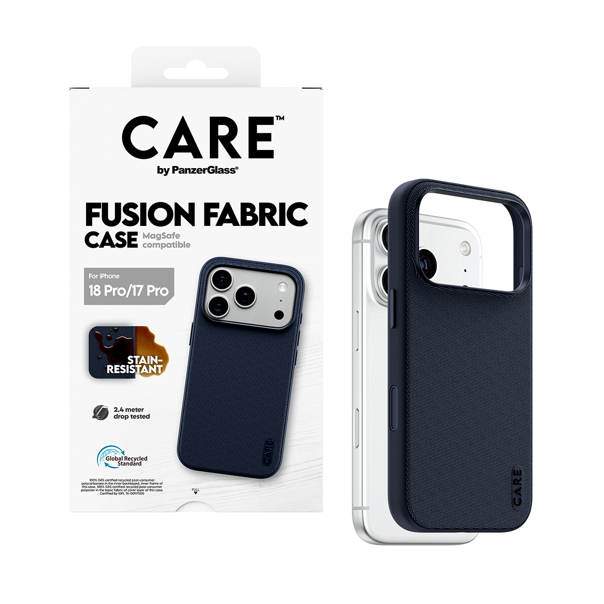 iPhone 18 Pro/17 Pro için koyu mavi CARE Fusion Fabric kılıf, ambalajıyla birlikte.