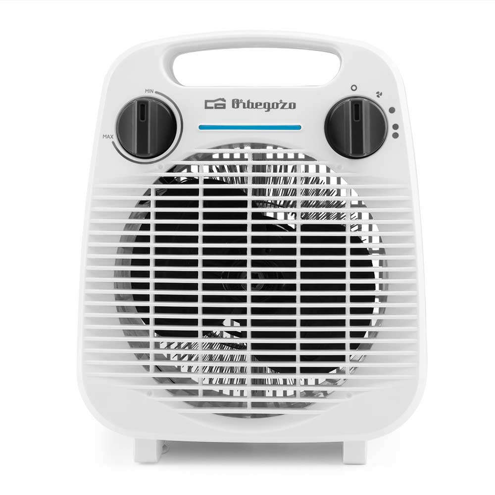 Un termoventilatore bianco con maniglia, due manopole nere e una griglia che copre le pale nere.