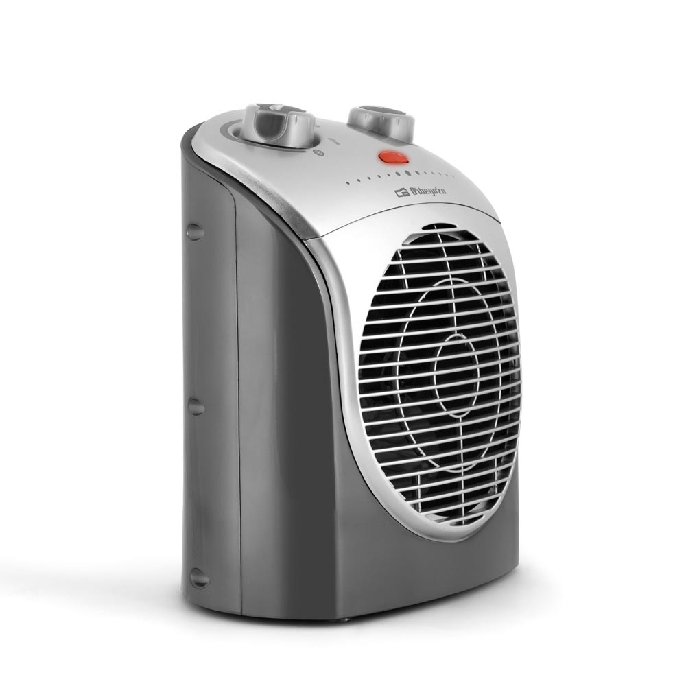 Calefactor eléctrico gris y plateado con dos mandos de control en la parte superior sobre fondo blanco.