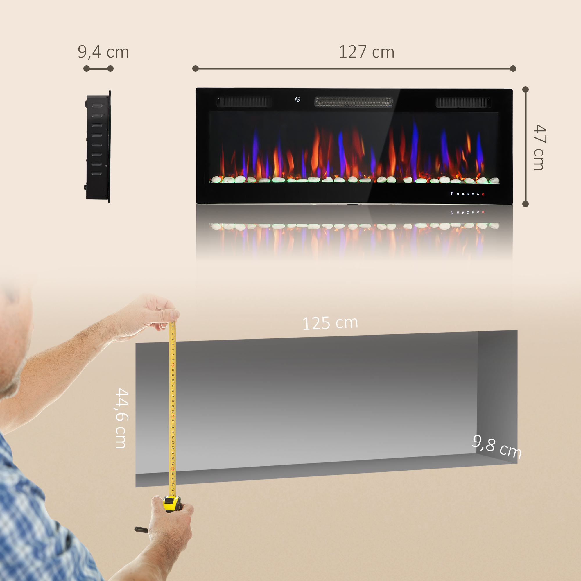 Dibujo técnico que muestra las dimensiones de una chimenea eléctrica y su nicho de pared.