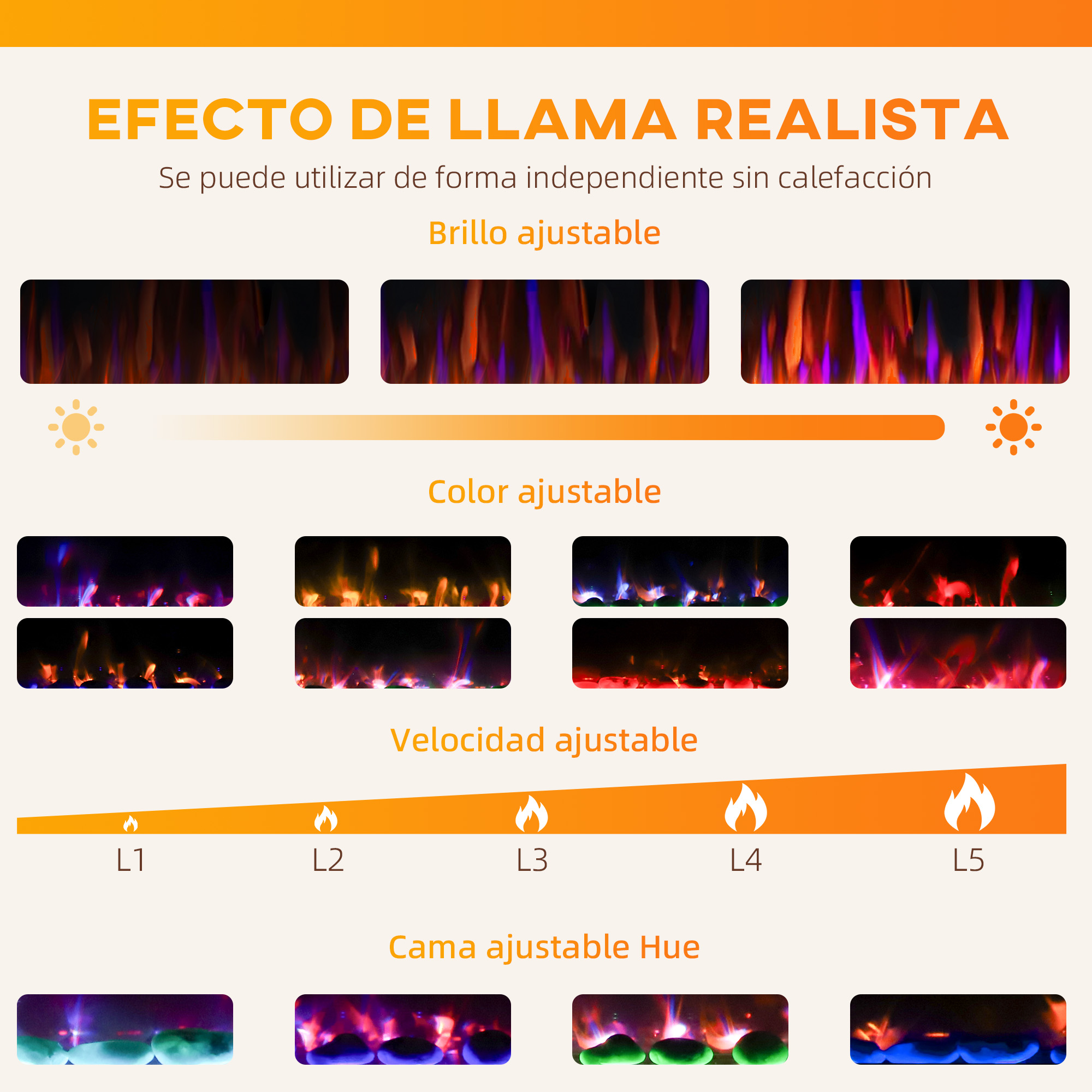 Infografía que muestra efectos de llama ajustables con configuraciones de brillo, color, velocidad y tono.