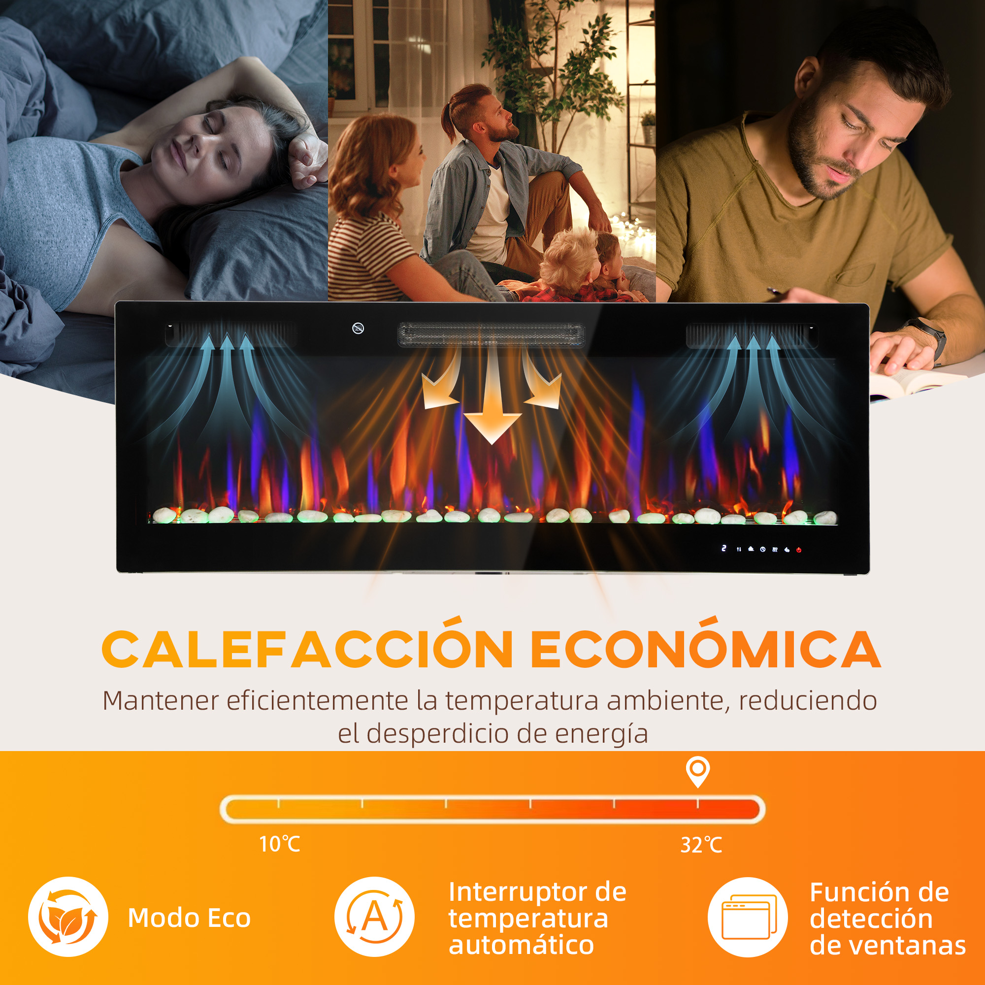 Chimenea eléctrica con llamas LED, modos de ahorro y control automático de temperatura.