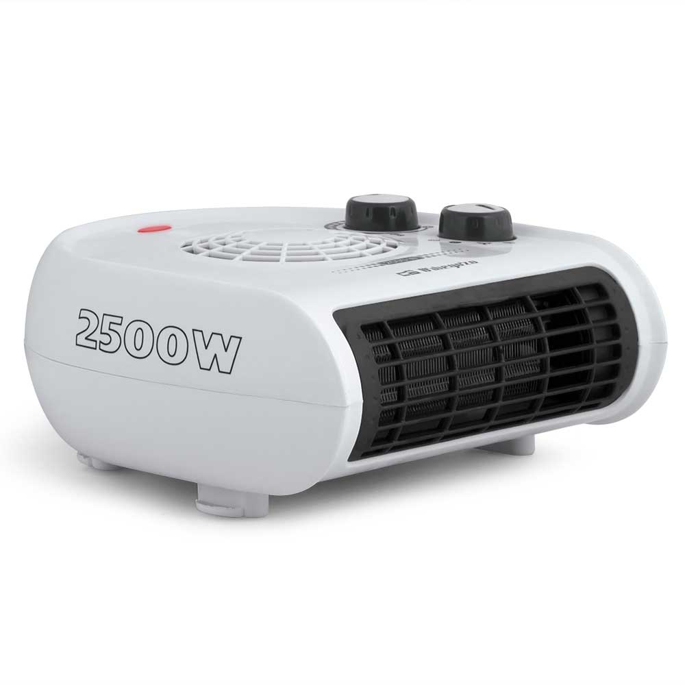 Un calefactor blanco de 2500W con perillas giratorias negras y rejilla sobre fondo blanco.