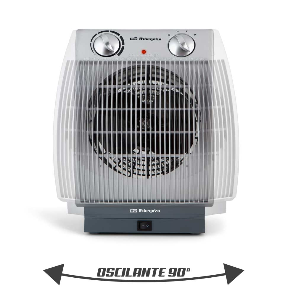 Un termosifone ventilato Orbegozo bianco con manopole grigie, griglia frontale e freccia di oscillazione.