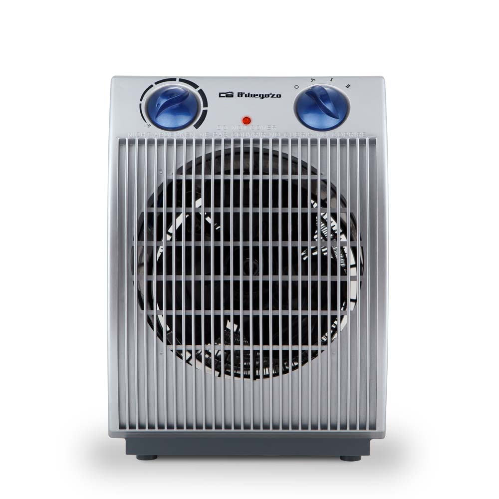 Un calefactor eléctrico plateado con perillas azules y rejillas verticales.