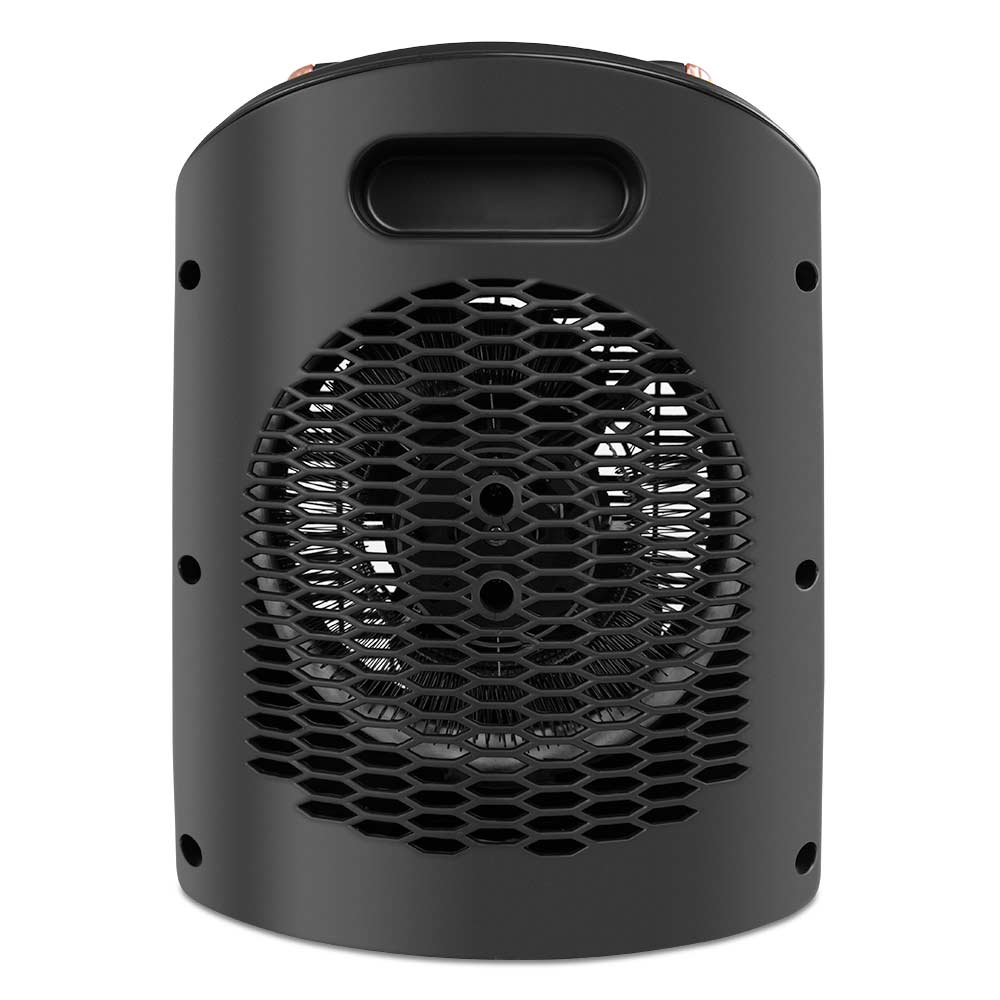 Un calefactor eléctrico negro con rejilla circular y asa superior, sobre fondo blanco.