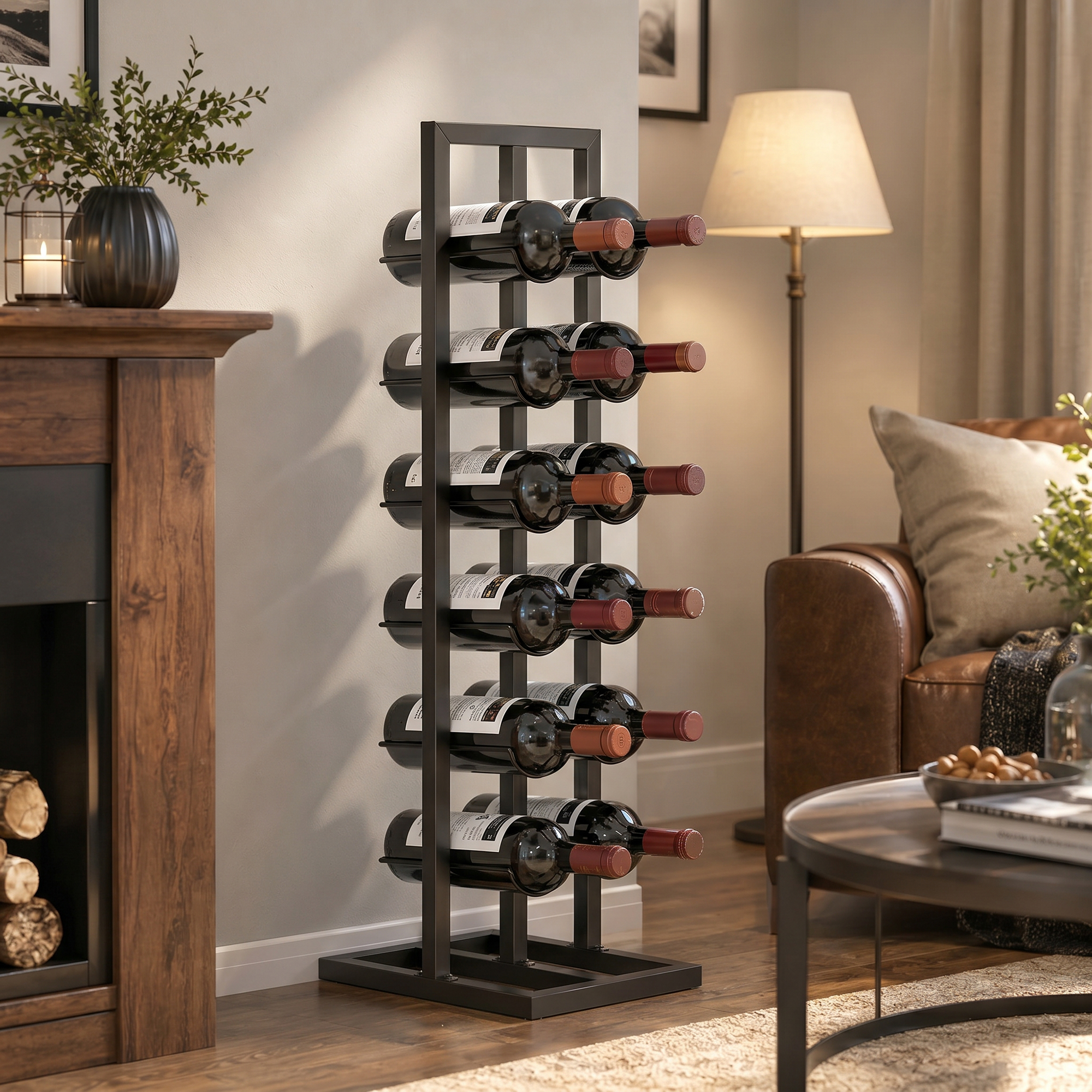 Un portabottiglie in metallo nero pieno di diverse bottiglie di vino in un accogliente soggiorno.