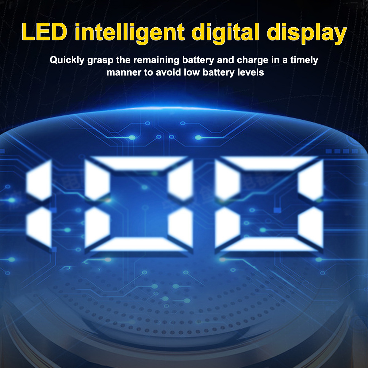 LED-Digitalanzeige zeigt 100 Prozent an, mit blauem Schaltkreis-Hintergrund.