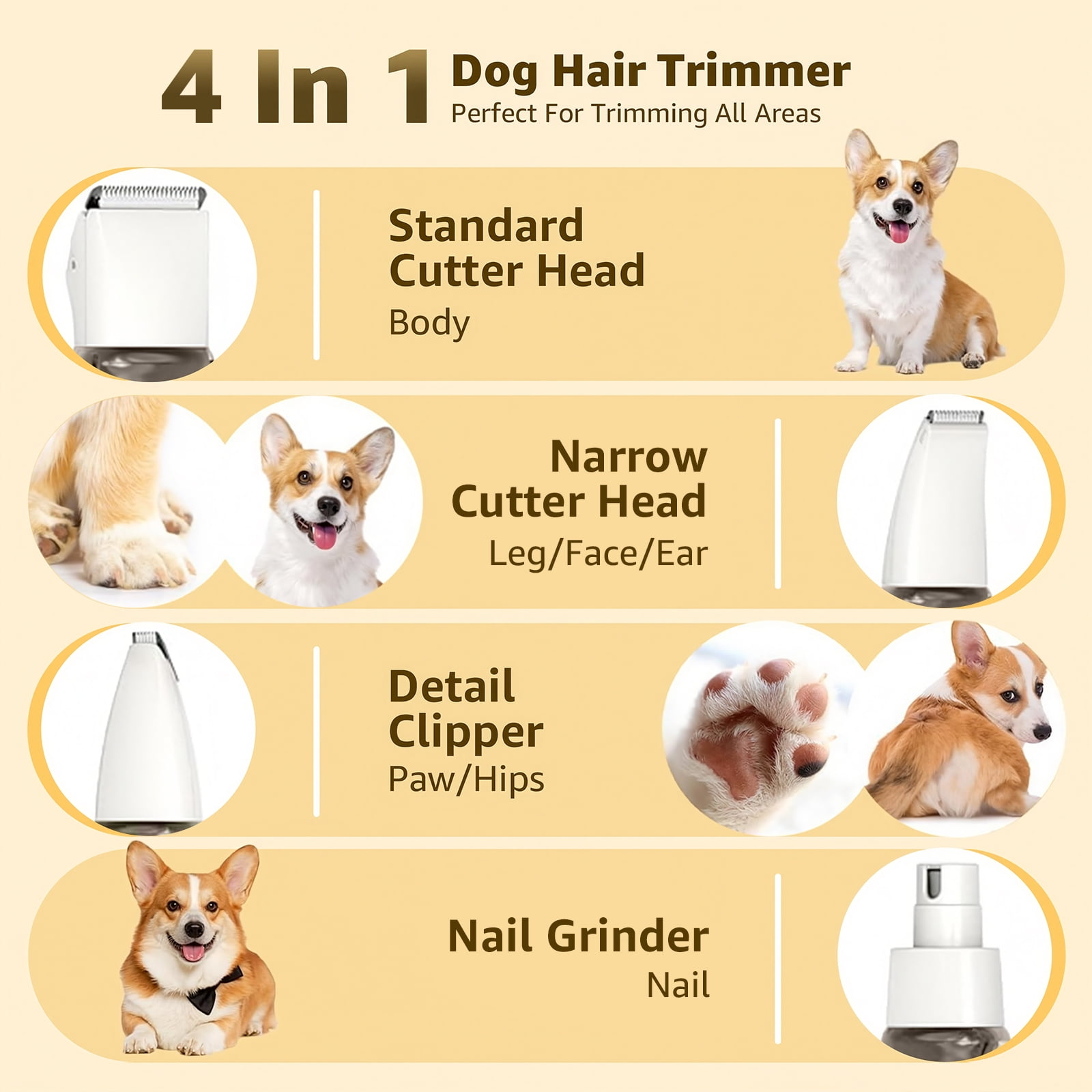 Eine Werbung für einen 4-in-1-Hundehaarschneider zeigt vier Köpfe: Standard, schmal, Detailtrimmer und Nagelschleifer.