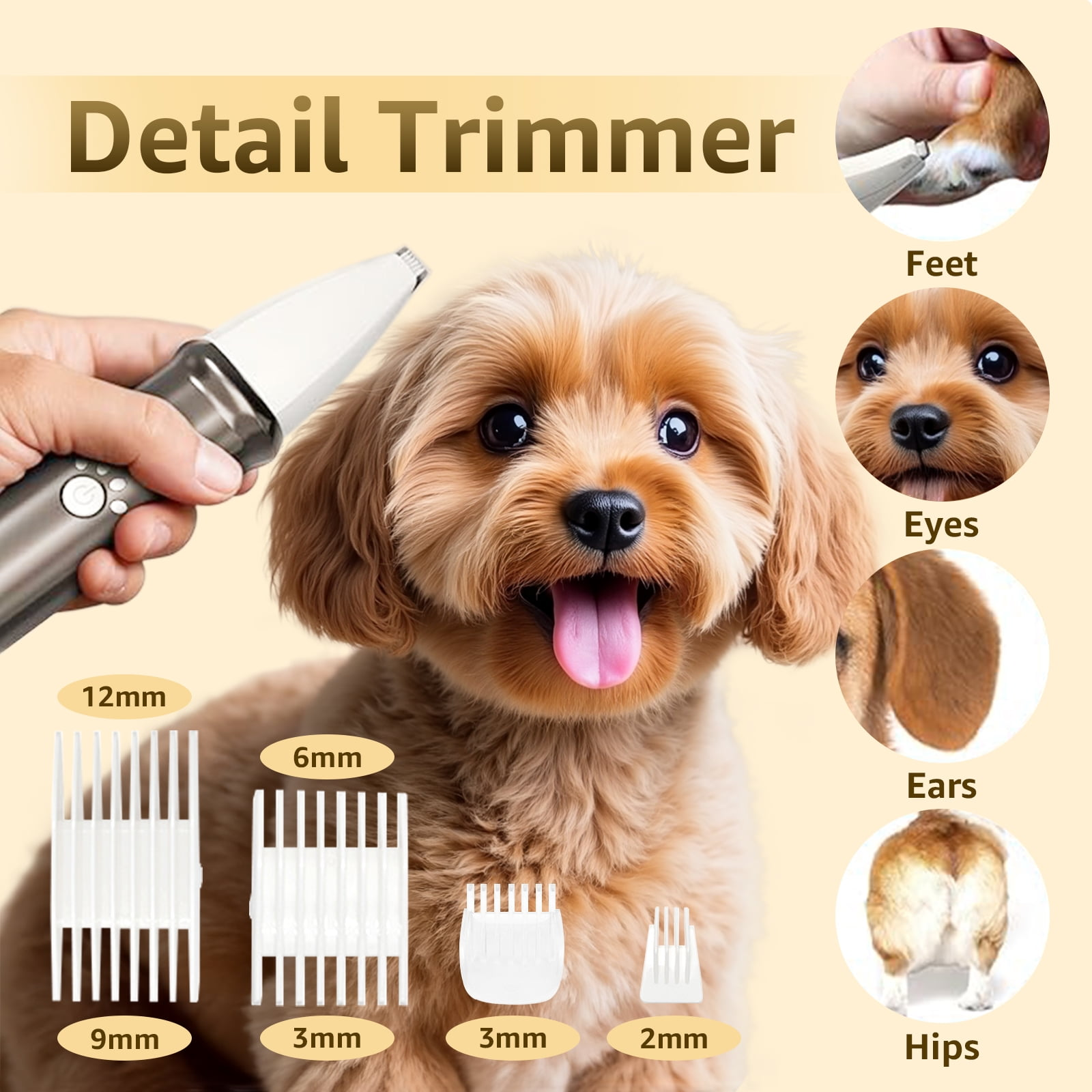 Haustier-Detailtrimmer mit Aufsätzen und Bildern von getrimmten Hunde-Pfoten, Augen, Ohren und Hüften.