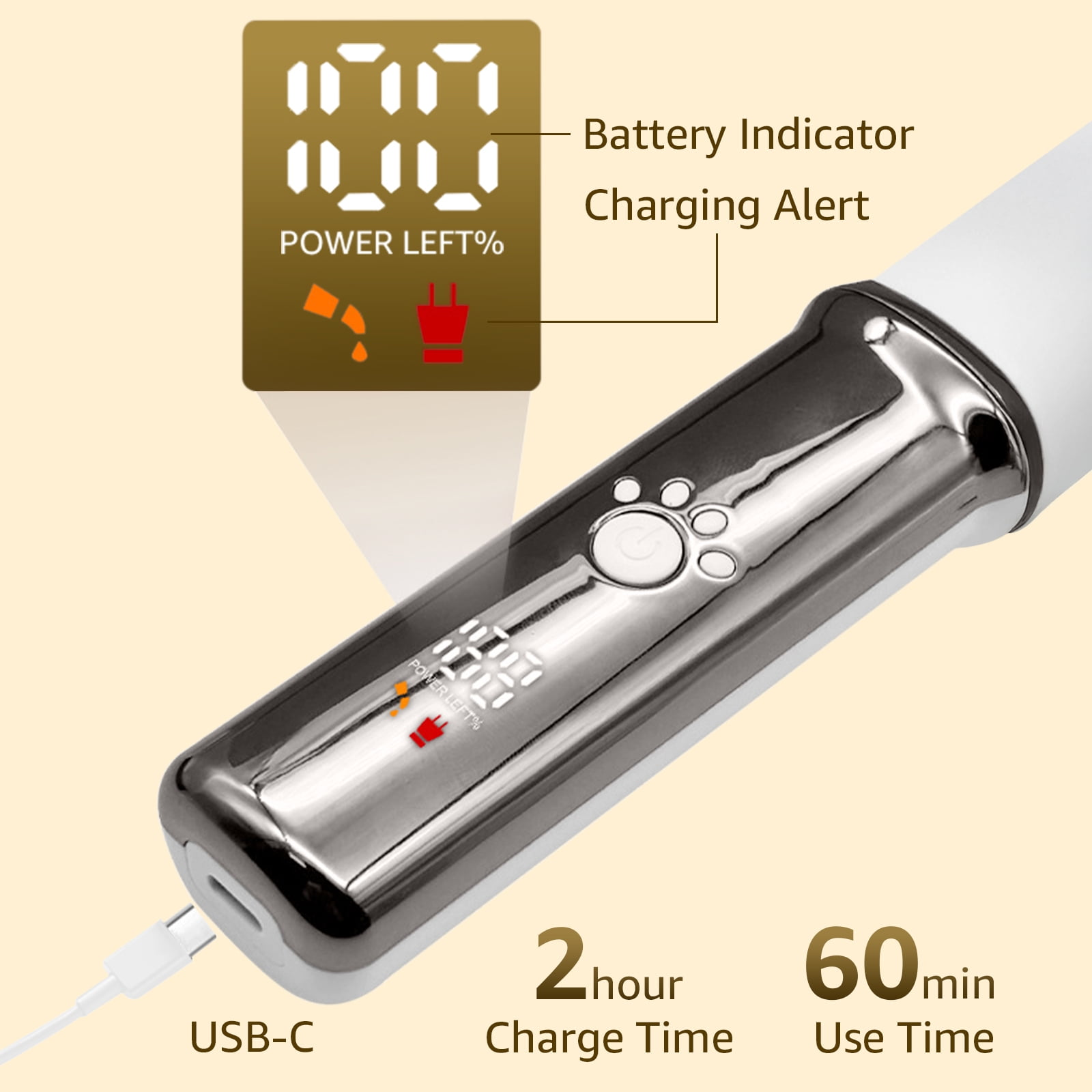 Haustierschermaschine mit Batteriestandsanzeige, Ladealarm, USB-C-Anschluss, 2 Std. Ladezeit und 60 Min. Laufzeit.