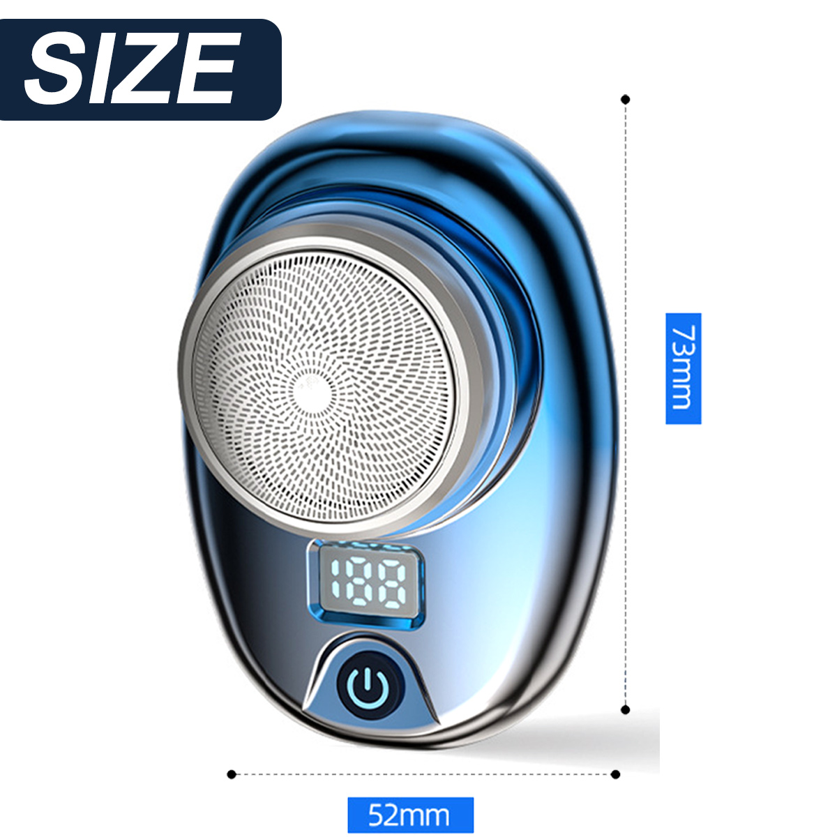 Glänzender blauer Mini-Rasierer mit digitalem Display, 73mm Höhe und 52mm Breite.