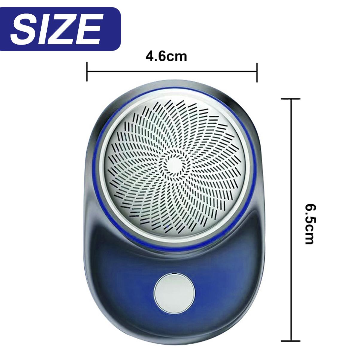 Kompakter blauer Mini-Rasierer, 4,6 cm breit und 6,5 cm hoch, mit rundem Scherkopf und Ein-Aus-Schalter.