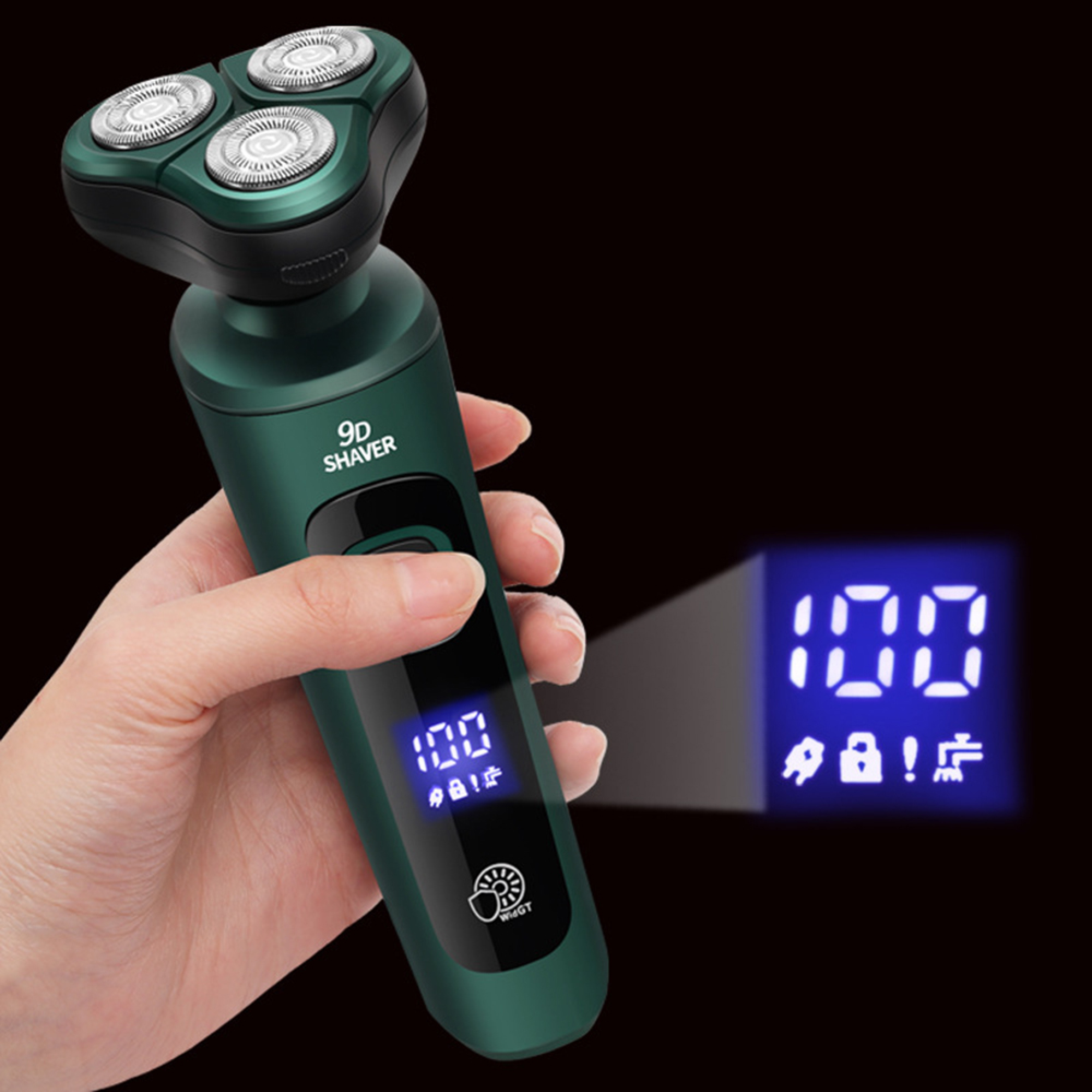 Eine Hand hält einen dunkelgrünen 9D Rasierer mit blauem Display auf schwarzem Hintergrund.