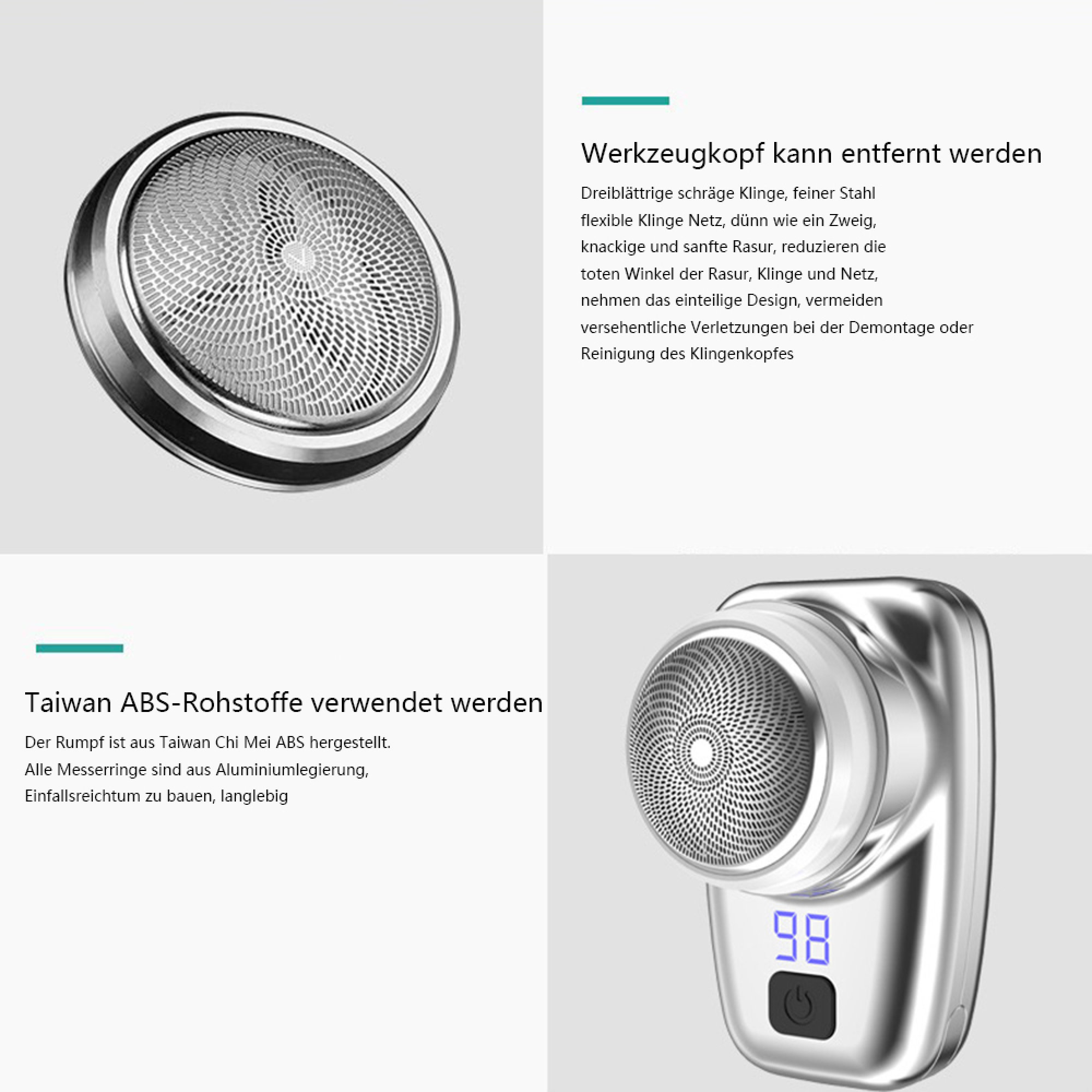 Produktmerkmale zeigen Scherkopf, abnehmbaren Werkzeugkopf und ABS-Materialien mit deutschem Text.
