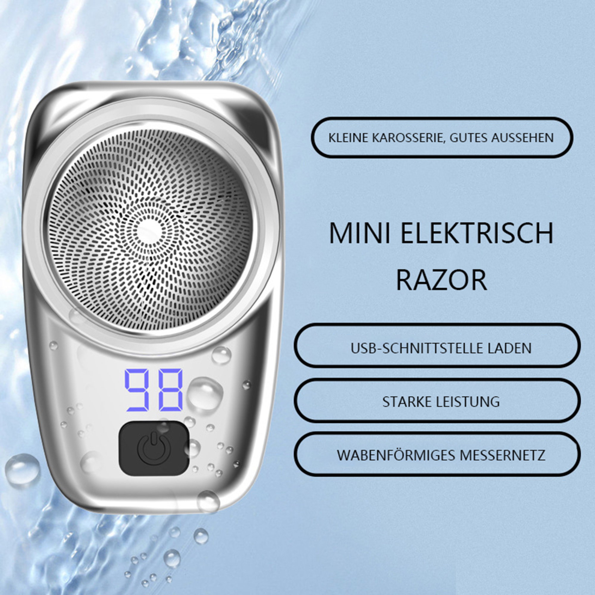 Silberner Mini-Rasierer mit digitaler Anzeige, Wabennetz und Texten in deutscher Sprache vor blauem Hintergrund.