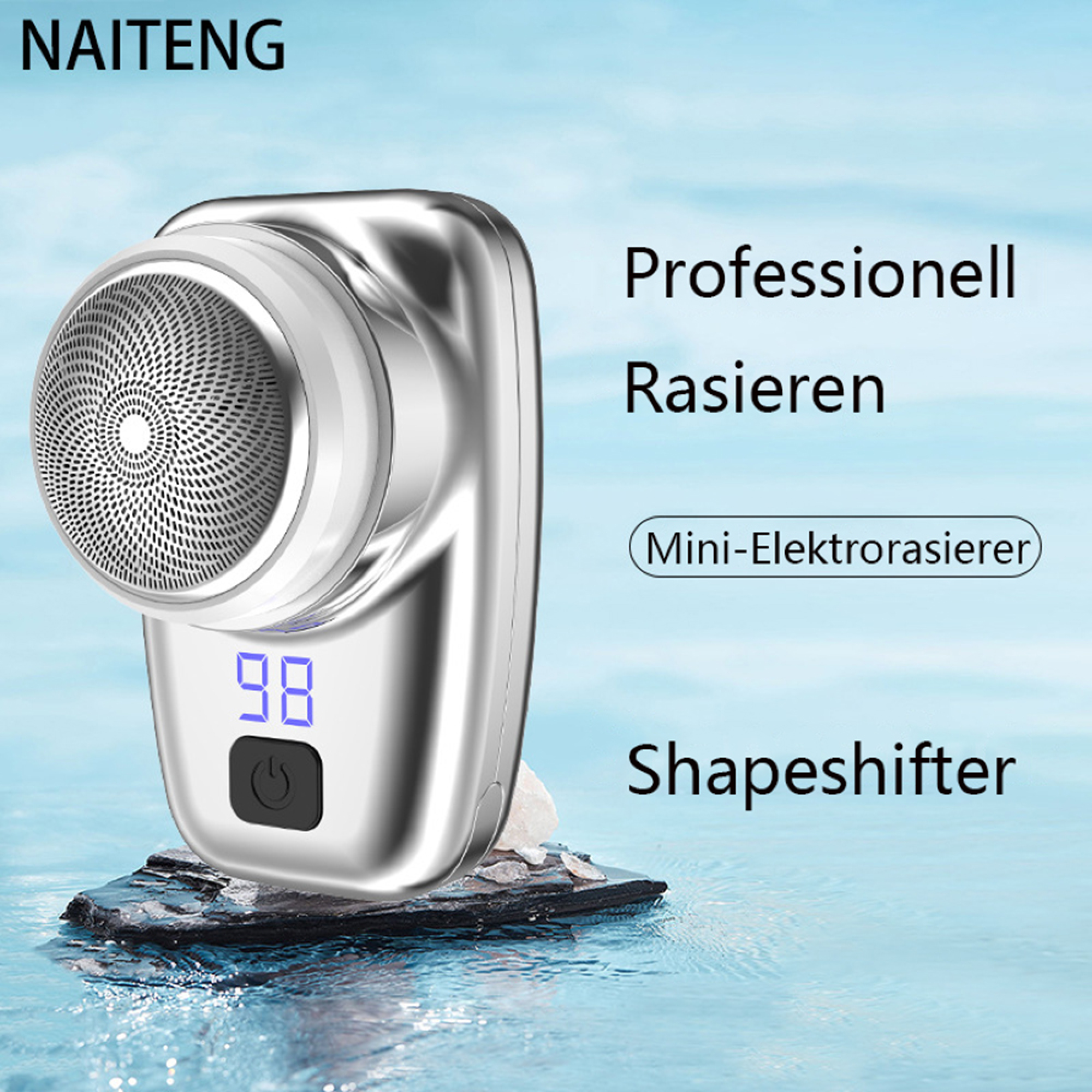 Ein silberner Mini-Elektrorasierer steht auf einem dunklen Stein im Wasser vor hellblauem Hintergrund mit deutschem Text.