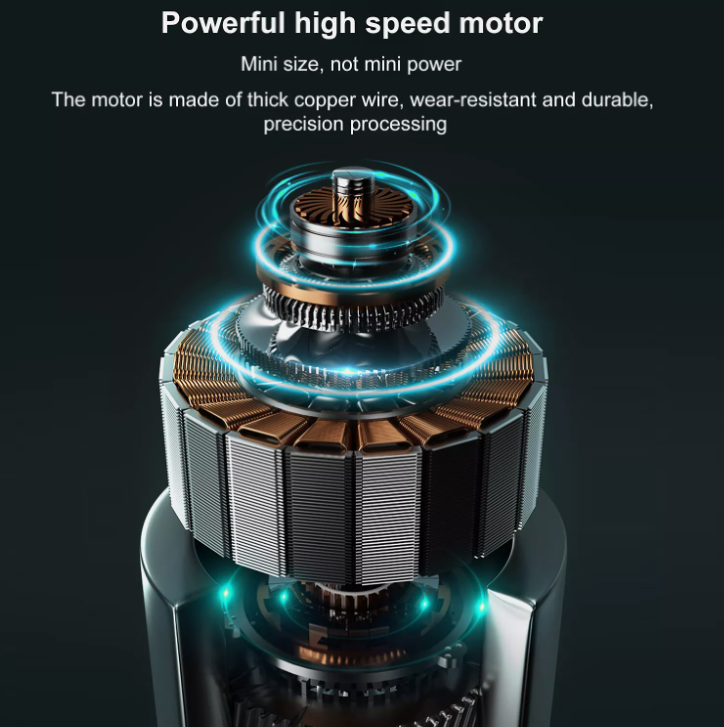 Ein technisches Diagramm zeigt einen Elektromotor mit Kupferwicklungen und blauem Leuchteffekt.