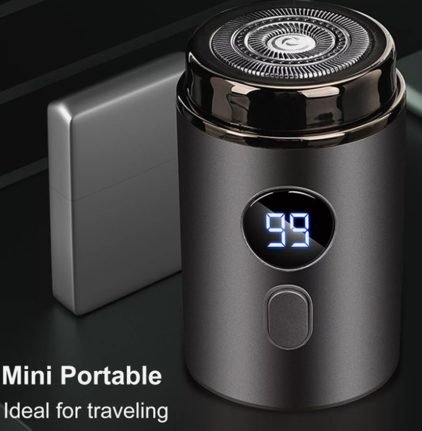 Tragbarer grauer Mini-Rasierer mit digitaler Anzeige und Etui.