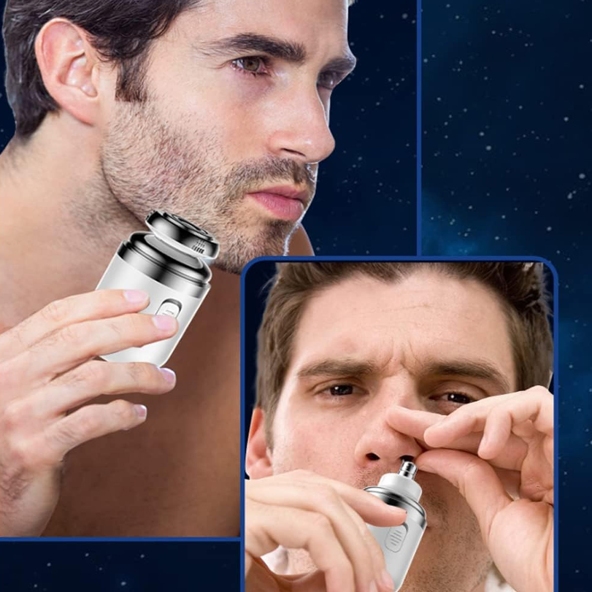 Ein Mann nutzt ein kleines, weißes Gerät zur Gesichtsrasur und Nasenhaarentfernung.