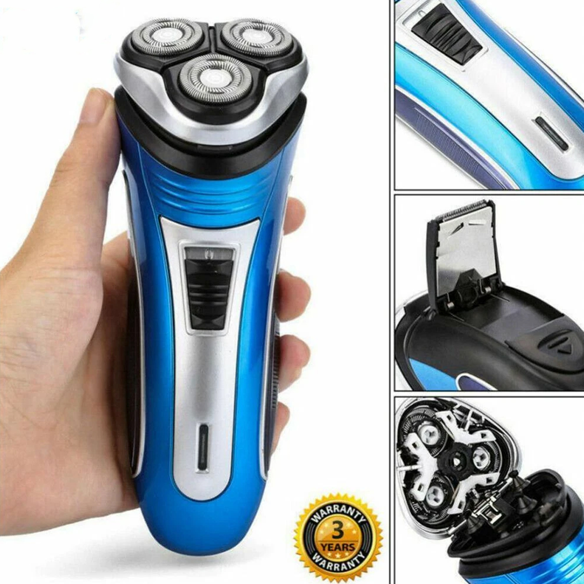 Ein blau-silberner Rasierapparat in der Hand mit Nahaufnahmen von Schalter, Trimmer und Klingenmechanismus.