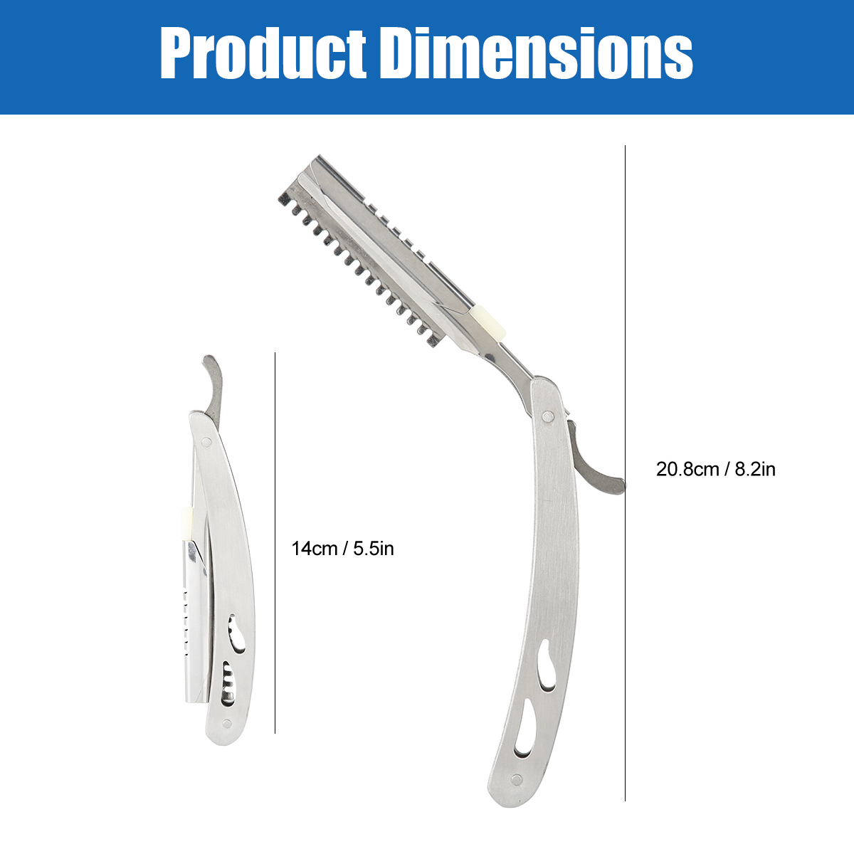 Produktabmessungen zeigen ein klappbares Rasiermesser, gefaltet 14 cm und ausgeklappt 20,8 cm lang.