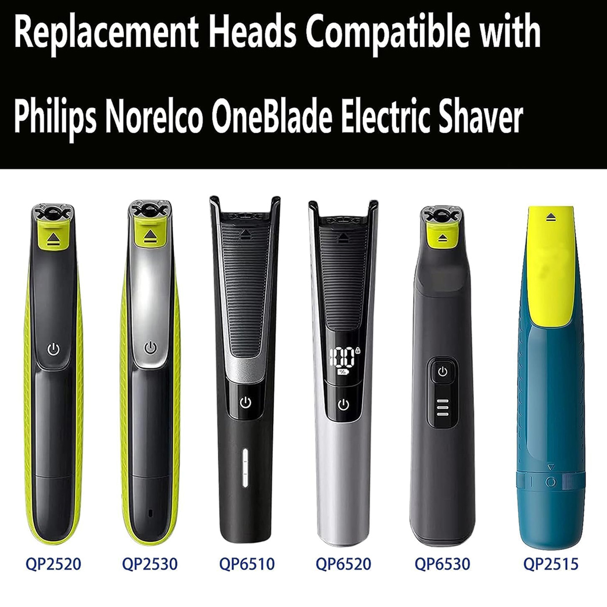 Sechs verschiedene Philips Norelco OneBlade Elektrorasierer-Modelle mit Modellnummern darunter auf weißem Grund.