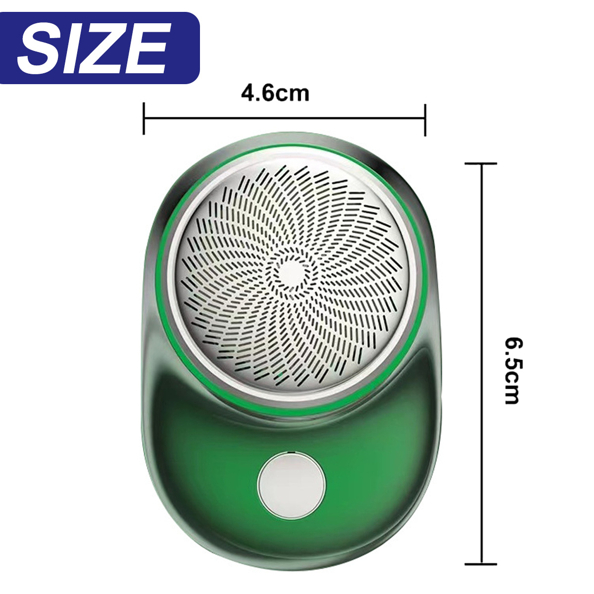 Grüner elektrischer Rasierer mit Größenangaben: 4,6cm breit und 6,5cm hoch.
