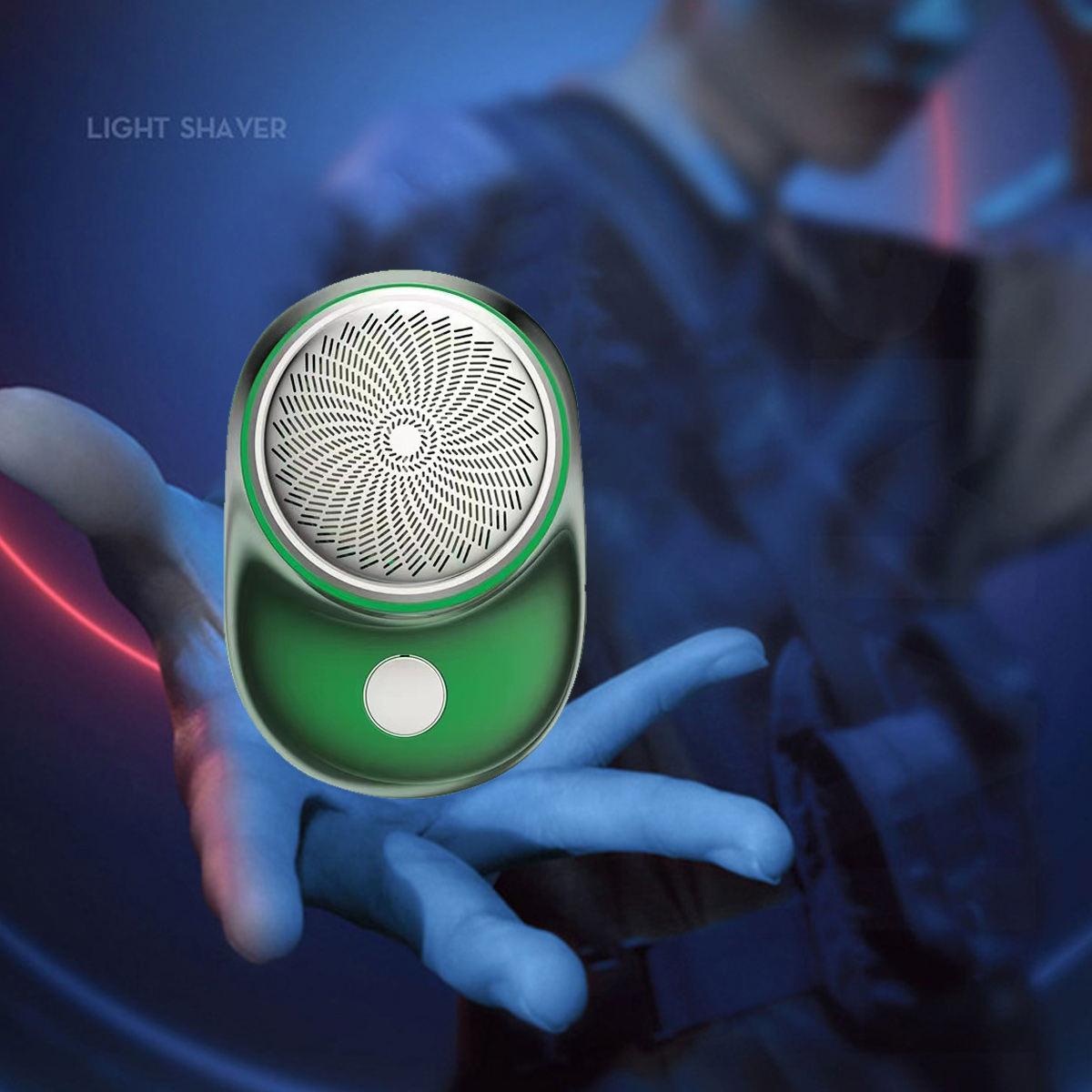 Ein grüner Light Shaver schwebt über einer offenen Hand vor blauem Hintergrund mit dem Text LIGHT SHAVER.