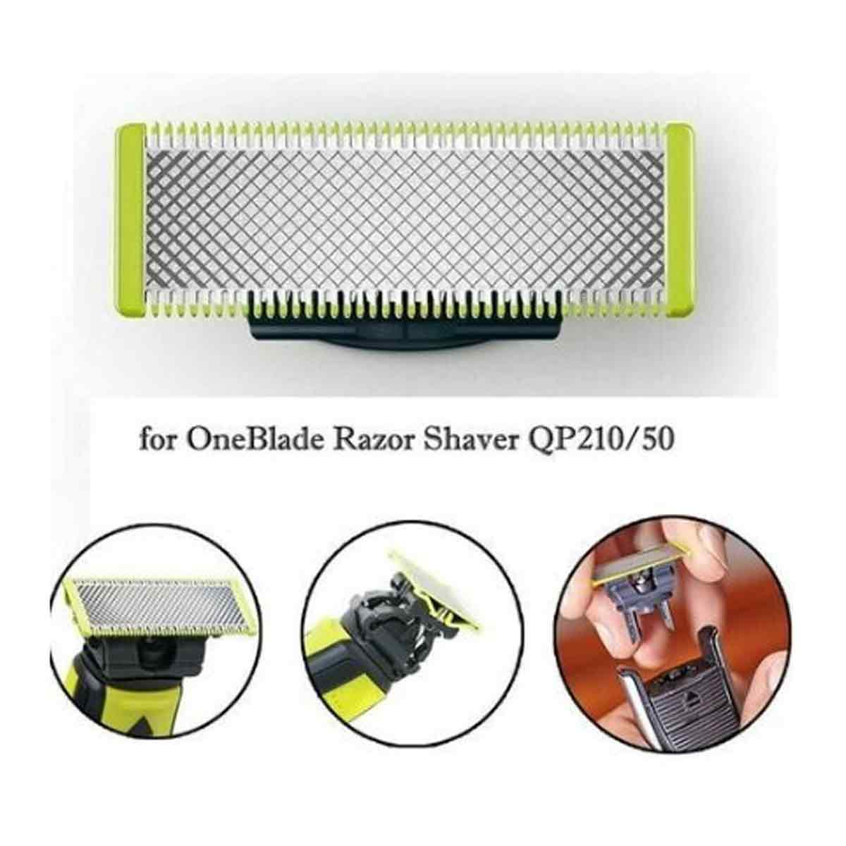 Ersatzklinge für OneBlade Rasierer QP210/50 mit drei Anwendungsfotos unten.
