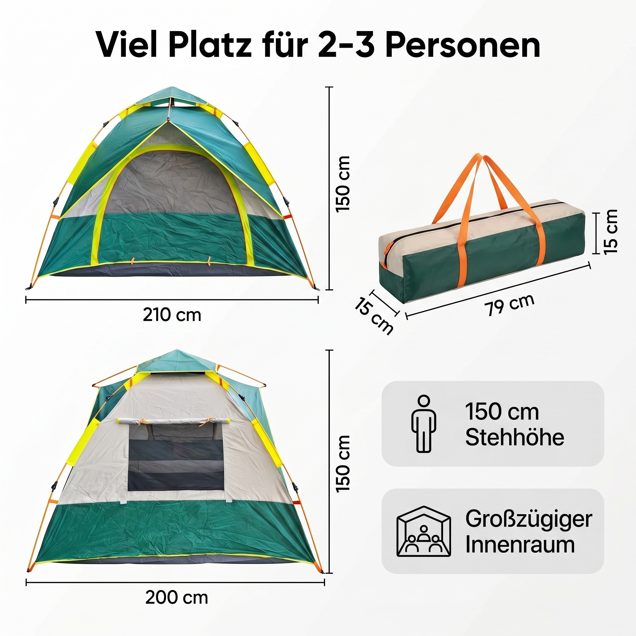 Grünes und graues Zelt für 2-3 Personen mit Abmessungen und Tragetasche.