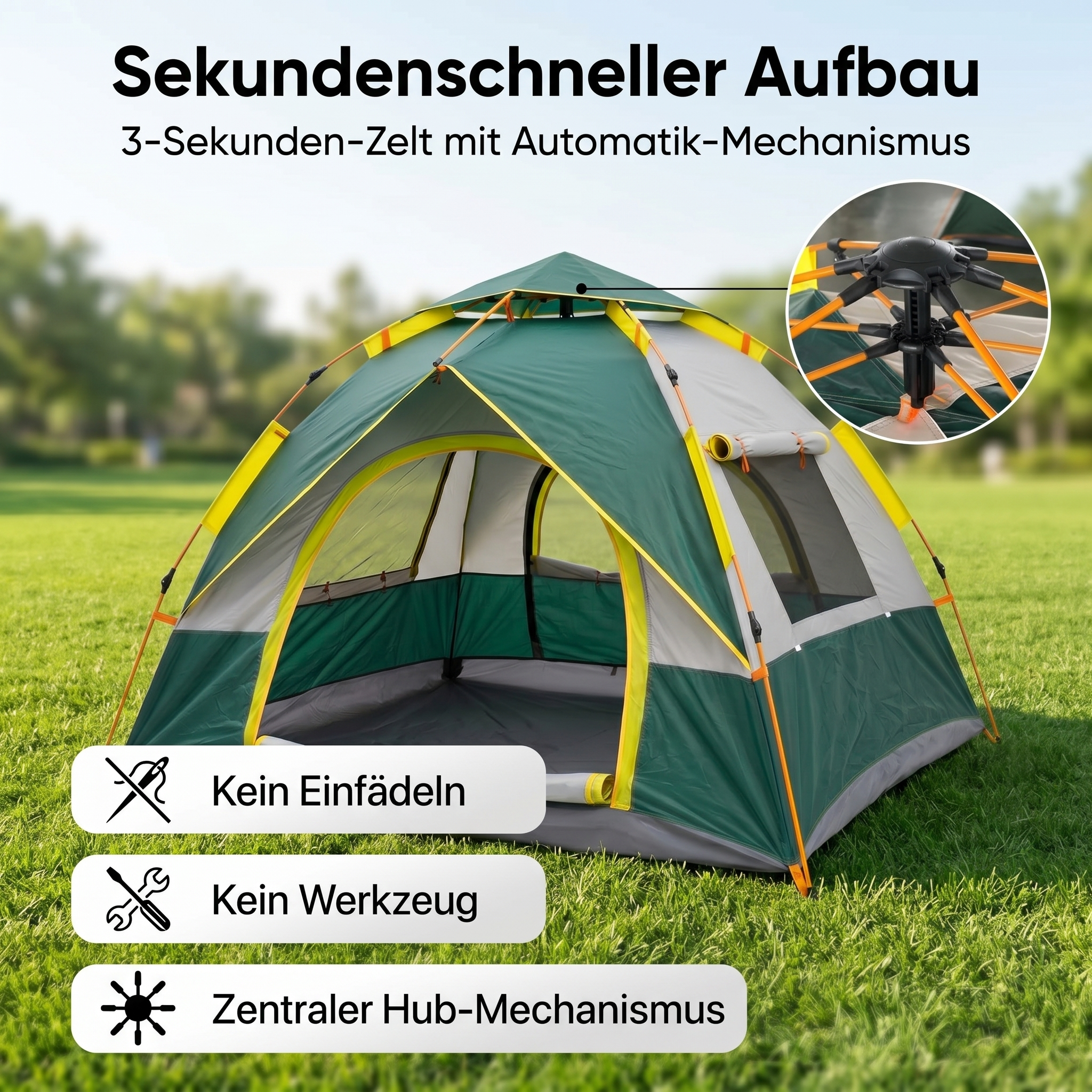 Grünes, automatisches Pop-Up-Zelt auf Wiese mit Detailansicht des Hub-Mechanismus.